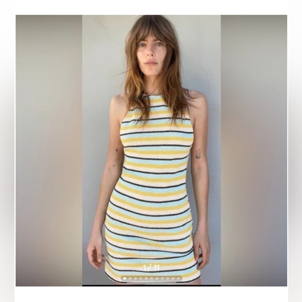 Zara Rustic Halter Neck Dress Striped Mini Dress Blue Yellow Size Small